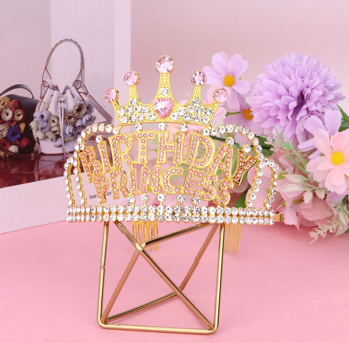 Wecoe Birthday Crown Gold Princess Rhinestone Tiara with Combs Happy Birthday Party Favors Pink Decorations 16th 18th 21st 25th Gifts for Her