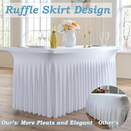 4 pk White Spandex Table Cloth Rectangle 8ft with Ruffle Skirt,Wrinkle Free High-Stretch Fitted Tablecloths for 8 Foot Rectangle Tables,Elastic Spandex Table Covers 8 ft for Parties Weddings Banquet
