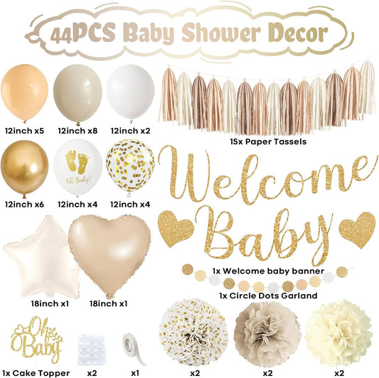Neutral Gold Baby Shower Decorations for Boys Girls, Boho Welcome Baby Banner Gold Cream Beige Sand White Confetti Latex Balloons Oh-Baby Cake Topper Pom Poms for Baby-Shower Birthday Party Decoration