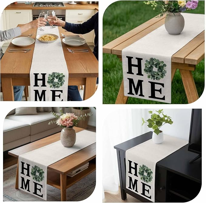 Home Green Eucalyptus Leaves Garland Table Runner 36 Inches Long Cotton Linen Dresser Scarves for Kitchen Daily Use Family Dinners Party Gathering Home Decor Retro Linen Table Runners