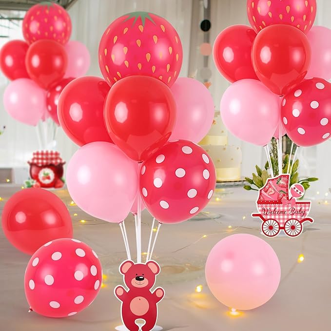 6 Sets Strawberry Balloon Stand Kit for Table Strawberry Baby Shower Centerpieces with Balloon Sweet Strawberry Party Balloon Decorations for Girls Strawberry Birthday Themed Supplies