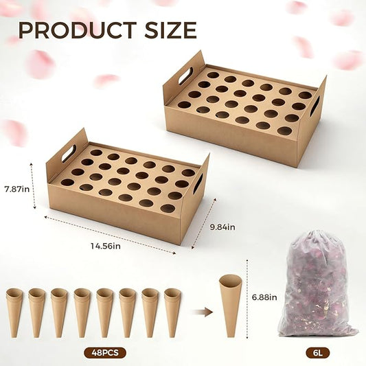 Wedding Confetti Cone Stand Box with Dried Rose Flowers(6 Litres), Includes 2 Biodegradable Cardboard Party Confetti Cone Holder of 24 Holes Each with 48 Cone Papers, Confetti Gift Box for Decoration