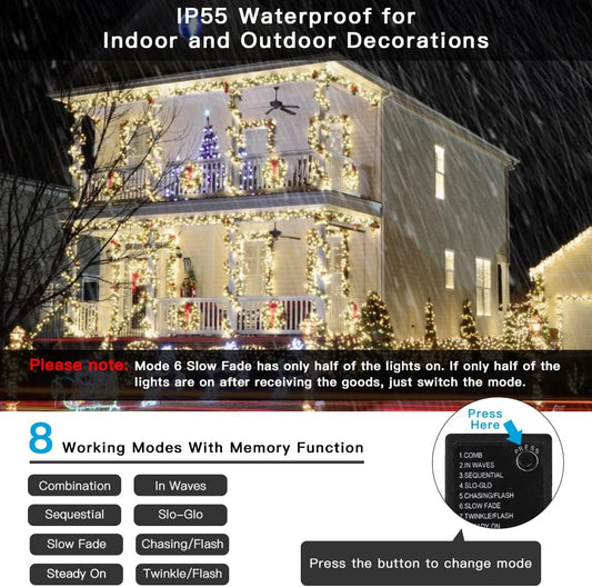 AmyHomie Warm White Christmas Lights, 108Ft 300LED Plug-in Christmas String Lights,8 Modes Waterproof Fairy String Lights for Outdoor & Indoor Christmas Tree Home Patio Garden Party Wedding Decor