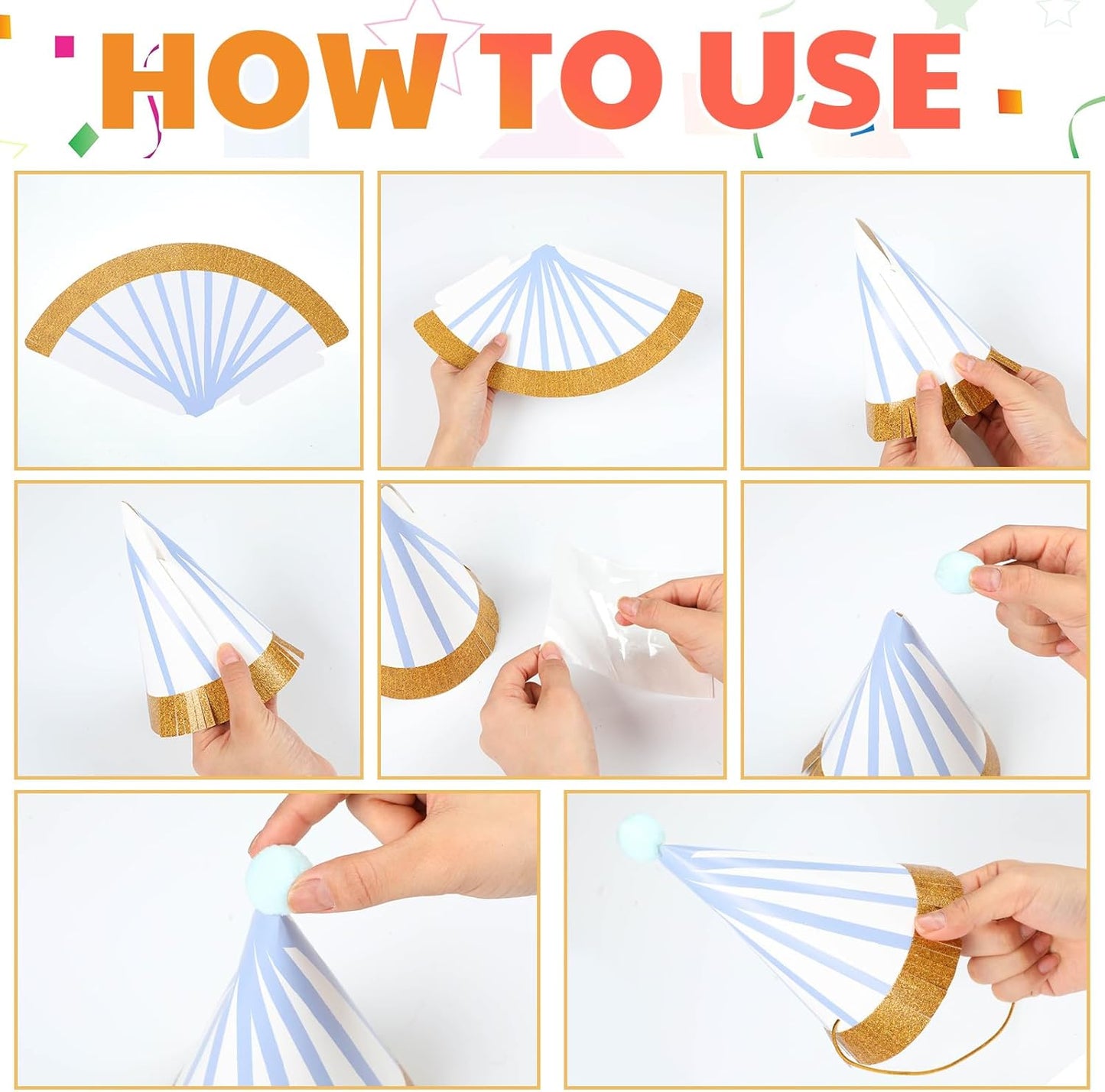 40 Pcs Birthday Party Hats Adult Pastel Cone Hats Bulk Pom Pom Lovely Stripe Headwear with Elastic String and Glue for Party Anniversary Jamboree Photo Props Decorations