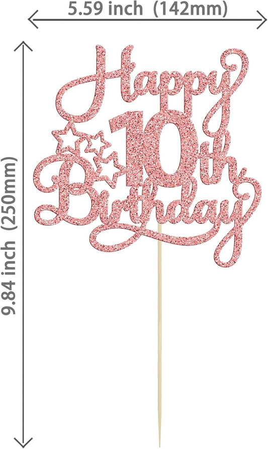1 Pack Happy 10th Birthday Cake Topper Glitter Heart Star 10 Fabulous Cake Pick Birthday Sign Cake Decorations for Children 10th Birthday Theme Party Supplies Rose Gold