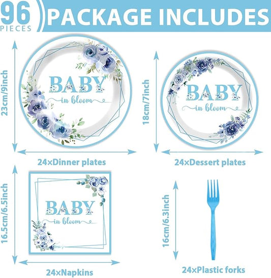 96Pcs Baby In Bloom Baby Shower Party Supplies Blue Flower Paper Plates Napkins Floral Shower Party Decorations Boy Girl Birthday Dinnerware Favor Tableware Serves 24