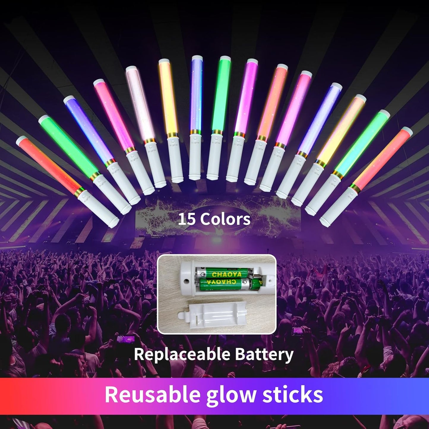 LED Glow Sticks 6 Pack, Reusable Light Up Toys 15 Colors Light Stick Bulk, Glow Party Supplies for Wedding, Birthday, Raves, Concert, Camping, New Year, Halloween, Christmas (with AAA Battery)