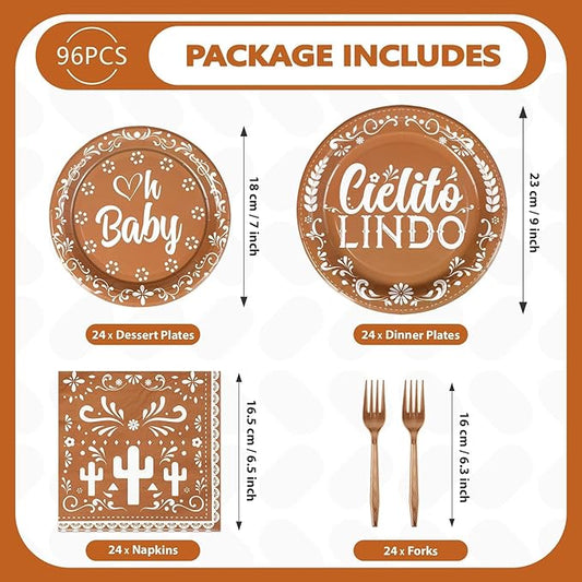 Grencian 96 Pcs Cielito Lindo Baby Shower Decorations Brown Mexican Theme Plates and Napkins Tableware Sets Cielito Lindo Decorations for Boys Girls Baby Shower Party Serves 24