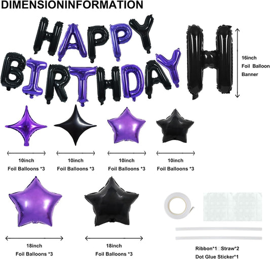 TONIFUL 35PCS Black Purple Happy Birthday Decorations Kit 16 Inch Happy Birthday Balloon Banner Decorations Supplies for Men Women Adults Girls Boys Kids for Halloween Chrismas New Year