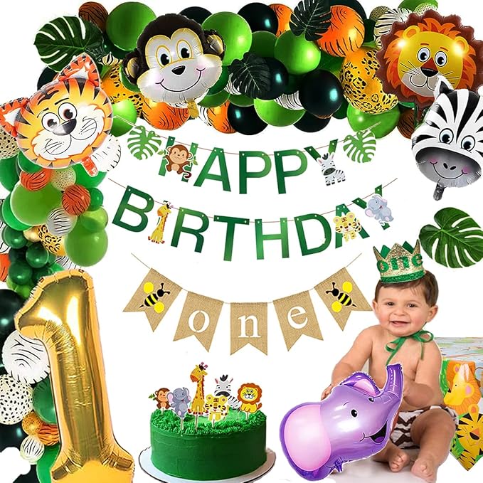Safari 1st Birthday Decorations for Boy Wild One Backdorp Happy Birthday Banner Jungle Themed Tablecloth Balloon Garland Kit