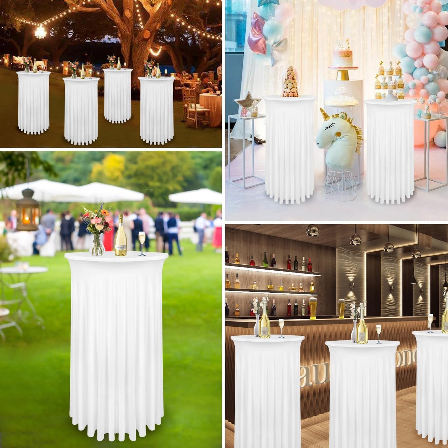 24"x 43" Round Cocktail Table Covers, Spandex Stretch High Top Table Cloths White Cocktail Tablecloth, TableSkirt with Natural Wavy Bar TableCover, Fitted Tablecloth for Party Wedding Banquet (2Pack)