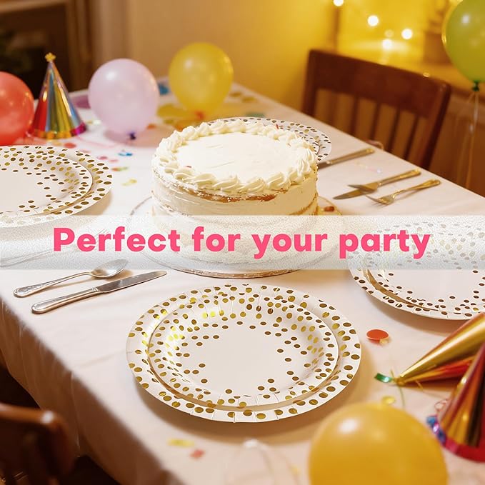 Disposable Plates for Party 50 Sets, Holiday Paper Plates, Heavy Duty Golden Dot White Paper Plates Napkins Cups for Baby Shower Birthday Wedding