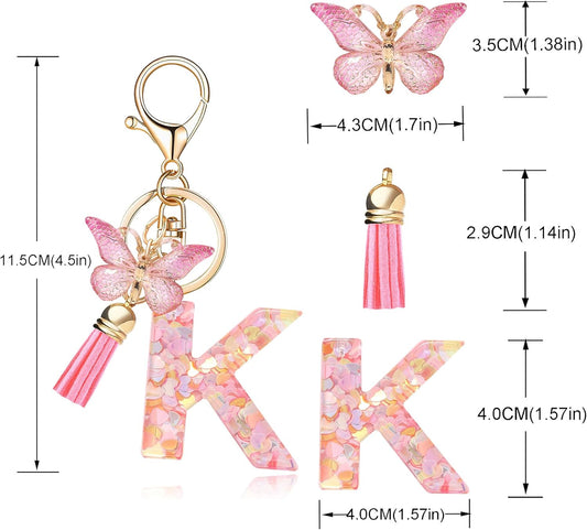 Fashion Alphabet Initial Letter Keychain Tassel Butterfly Pendant Key Ring for Purse Handbags Women Girl