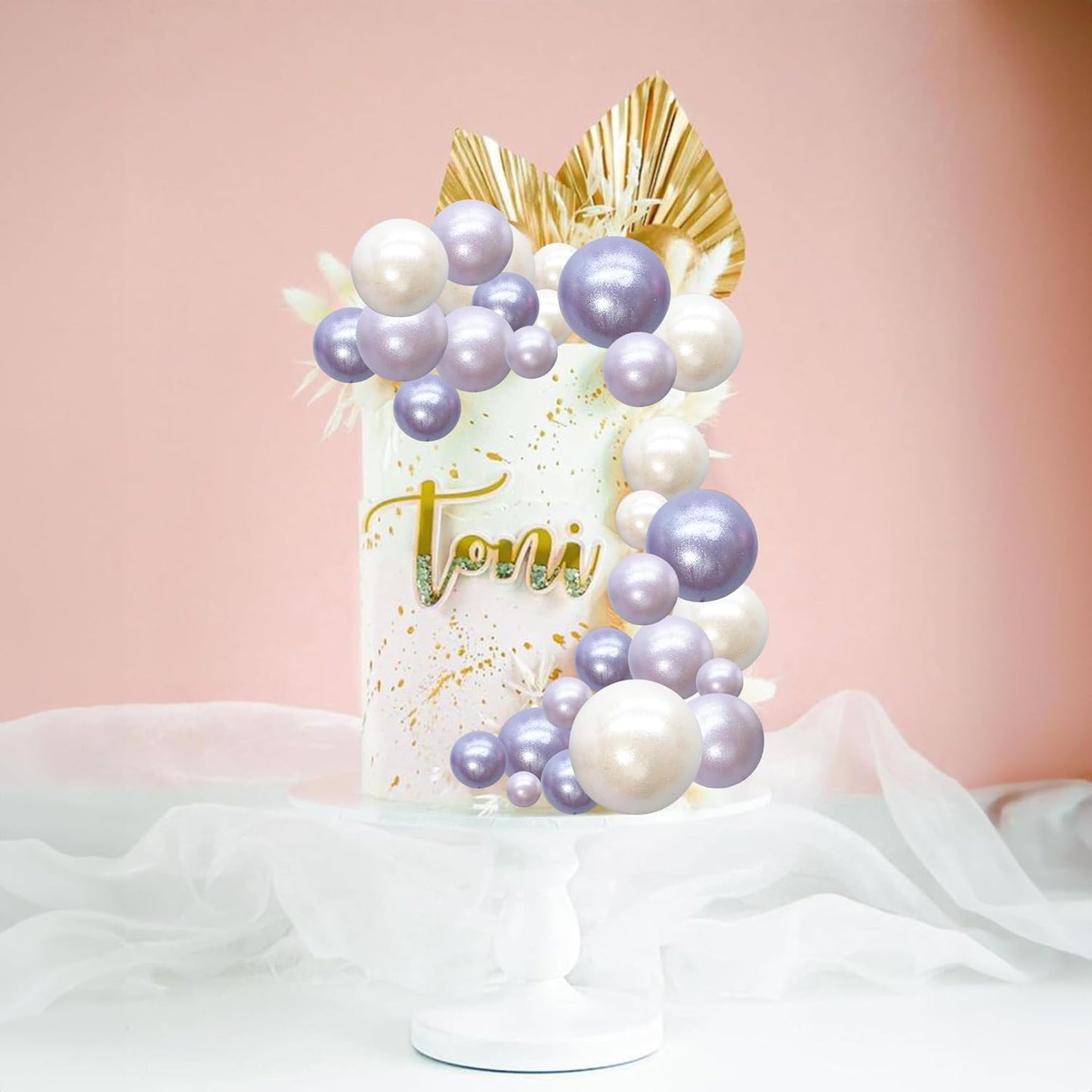 Ephlyn 30Pcs Ball Cake Topper Ball Cake Picks Colorful Pearl Ball Shaped Cupcake Insert Cake Topper for Bear Theme Birthday Party Favors Wedding Decoration Pearl White Purple