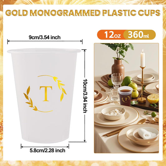 100 Monogrammed Cups Disposable Initial Plastic Cup 12 oz Wedding Personalized Cup for Wedding Reception Baby Shower Birthday Party(Letter T)