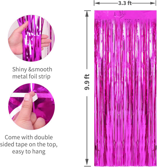 Crosize 3 Pack 3.3 x 9.9 ft Hot Pink Foil Fringe Backdrop Curtains, Streamer Backdrop Curtains, Streamers Birthday Party Decorations, Tinsel Curtains for Parties, Photo Booth Backdrops