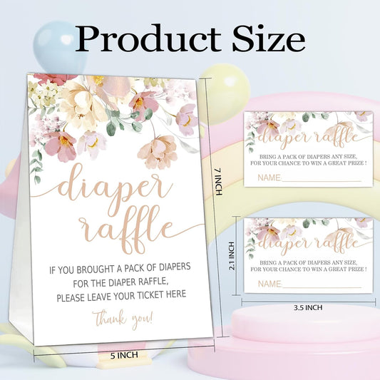 Floral Diaper Raffle Tickets for Baby Shower Game, 1 Standing Sign(5 * 7 Inch) & 50 Guessing Cards for Baby Shower Party Decoration