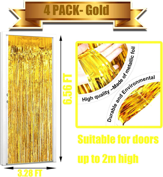 4 Pack Gold Foil Fringe Curtain Backdrop, 3.28Ft x 6.56Ft Metallic Tinsel Foil Fringe Streamers Curtains for Photo Booth, Wedding, Thanksgiving, Birthday, Christmas, Halloween Party Decoration
