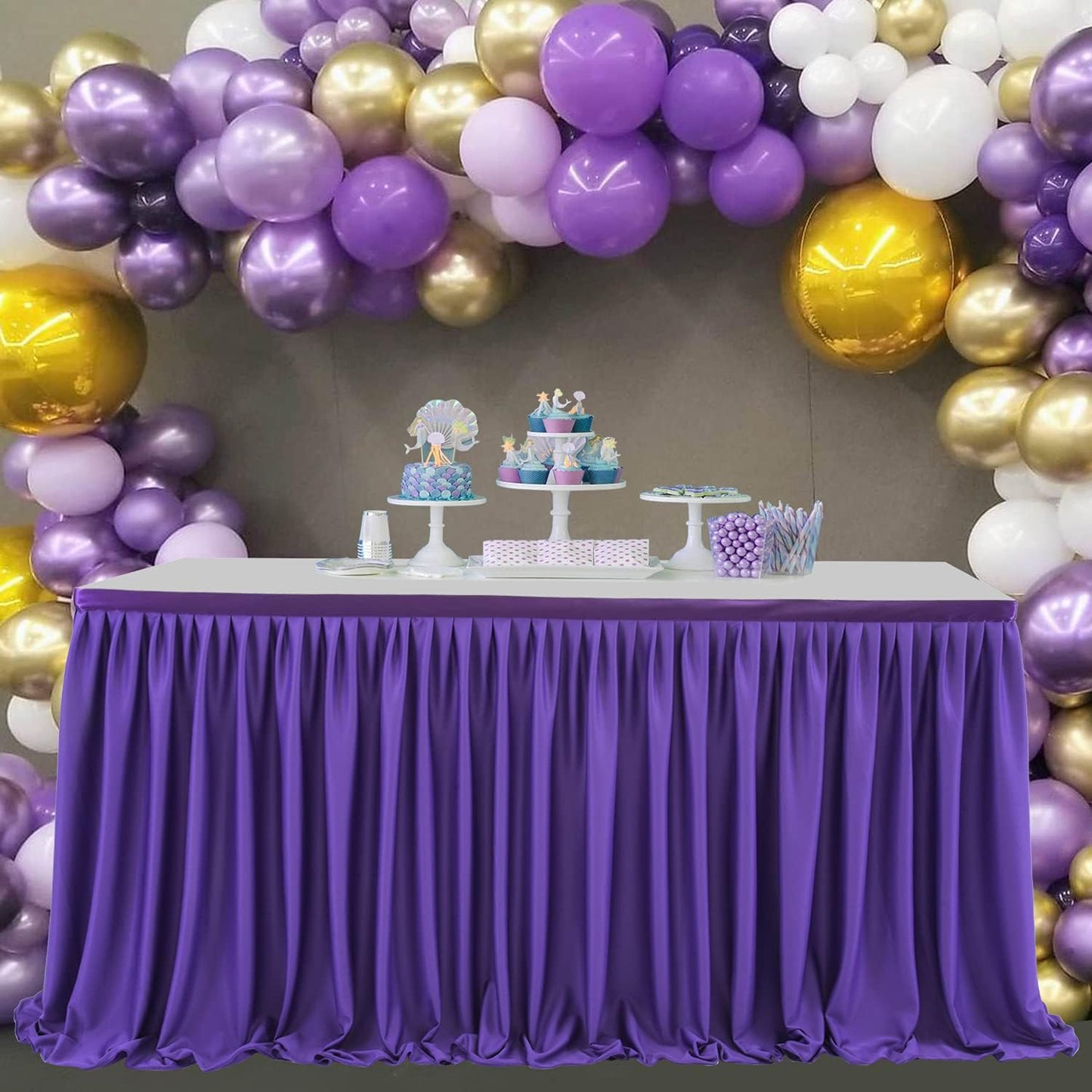 17ft Purple Table Skirt for Rectangle Tables Polyester Table Skirt Desk Skirts Ruffle Table Skirt Cloth for Birthday Party Banquet Purple Theme Party Wedding Bridal Shower Table Skirts