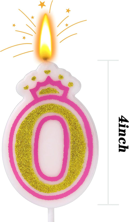 Birthday Number Candles, Number 0 Pink Giltter Candles for Cake, Candle Cake Topper with Sequins for Anniversary Celebrations Supplies (Number 0)