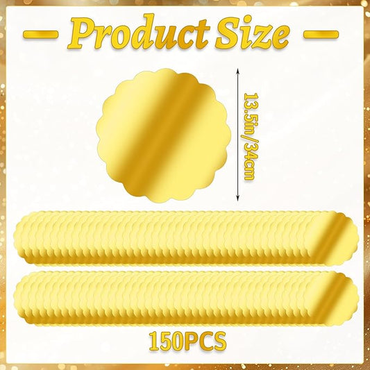 150 Pcs Scalloped Round Gold Paper Placemat for Dinner Plates,13.5" Round Disposable Place Mats Chargers Bulk Christmas Wedding Birthday Party Foil Paper Table Mats Decorative
