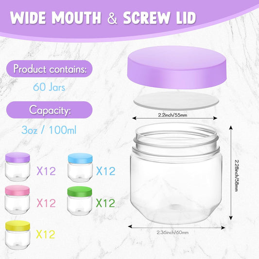Tanlade 60 Pcs 3 oz Clear Plastic Jars with Lids Wide Mouth Mason Jars Mini Storage Containers Bulk for Herb Jelly Wedding Valentine Favors Shower Party Favors(Colorful)