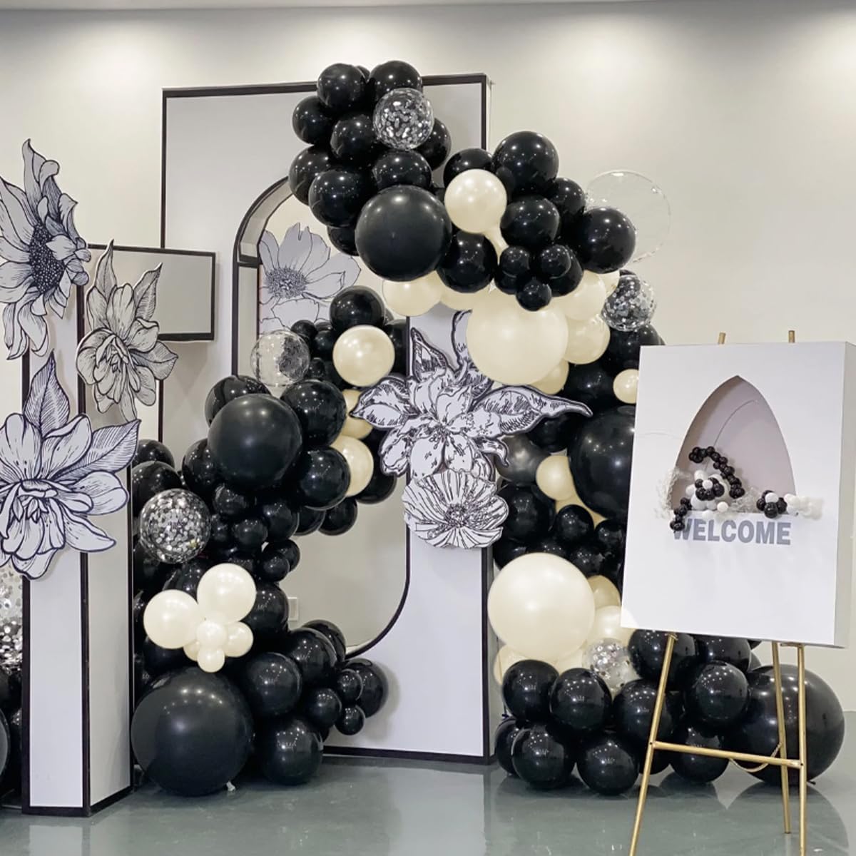 White Sand Black Balloons Arch Kit, 151Pcs Black Cream White and Bobo Balloons Garland 18 12 10 5 inch for Birthday Wedding Bridal Shower Bachelorette Anniversary Party Decorations