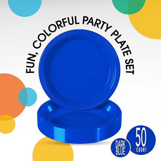 Exquisite Party Solids Dark Blue Plastic Plates For Party Supplies 7" Dark Blue Disposable Plates Heavy Duty 50 Pcs Plastic Dinnerware Sets Heavy Duty 350 GSM Disposable Dinnerware Set