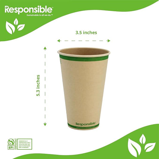 Responsible Products Certified Compostable 16 oz Paper Cups, Cold & Hot Coffee Cups, Disposable Paper Cups, Extra Strength Disposable Cups, Made without PFAS (50 count)