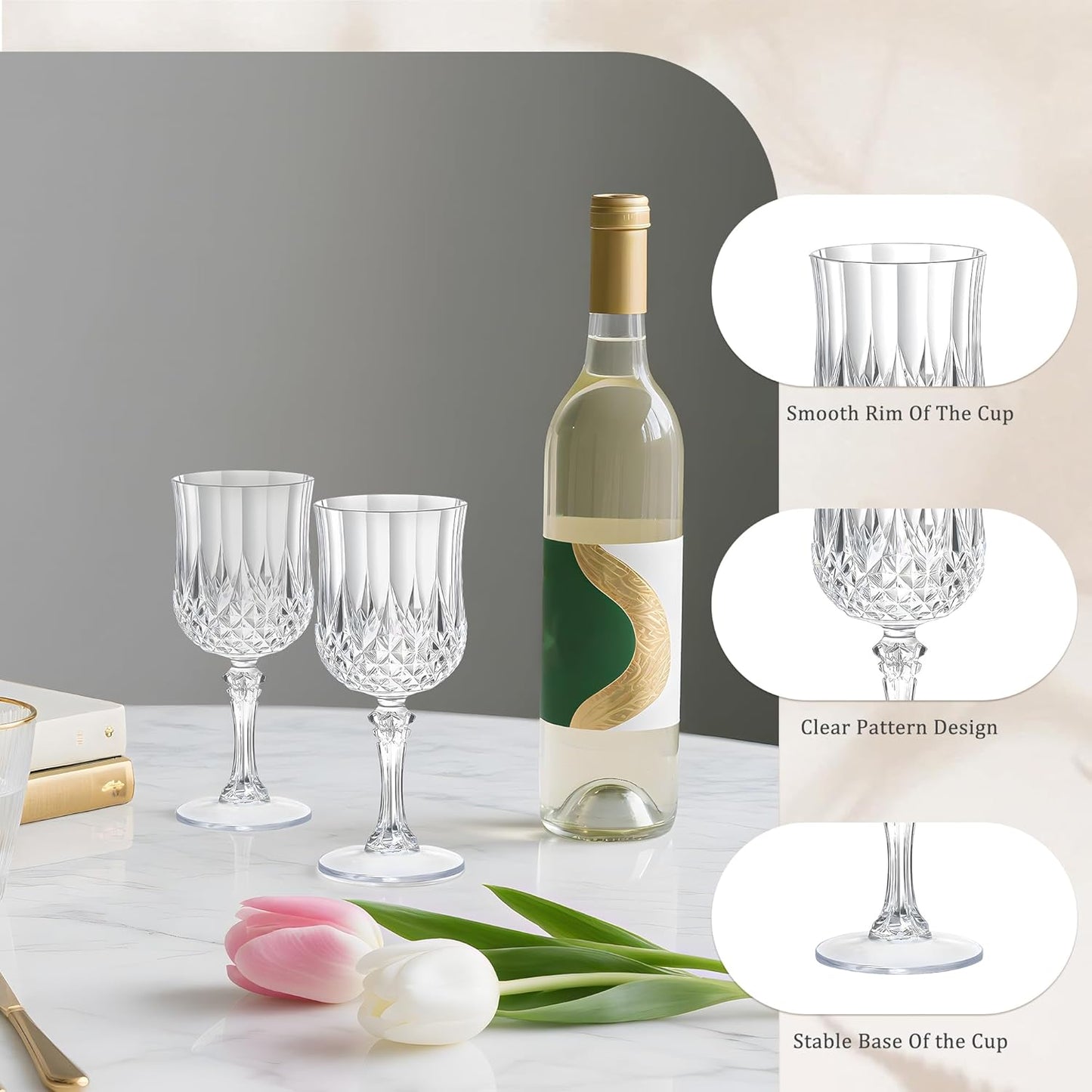 48PCS 7OZ Transparent Wine Plastic Glasses, Drinking Champagne Glasses Flutes Crystal Vintage Water Unbreakable Goblets for Wedding, Parties