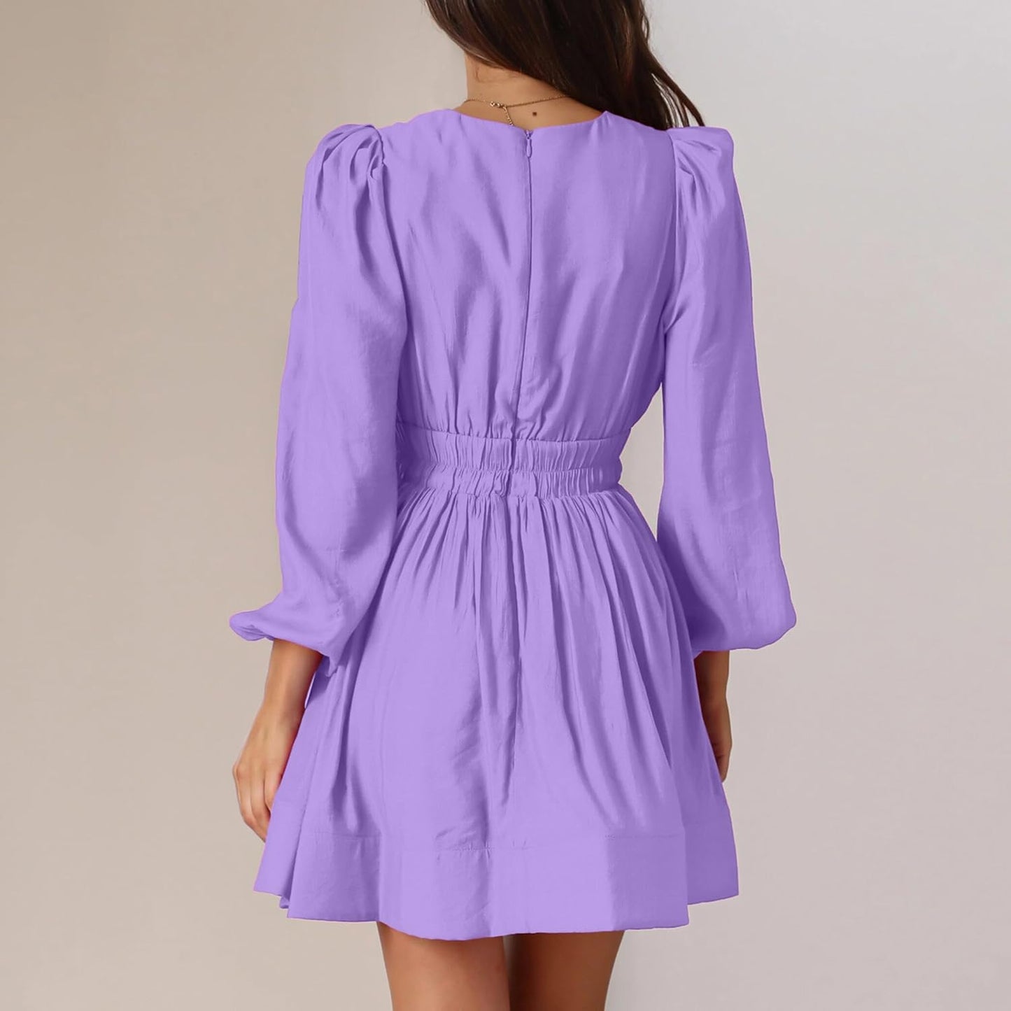 FAIABLE Mini Deep V Sexy Long Sleeve Dress for Women A-line High Waisted Casual Flowy Dress for Cocktail Wedding Guest