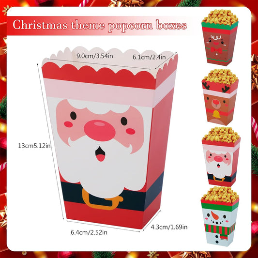 DECYOOL 24 Pcs Christmas Popcorn Boxes, Mini Christmas Popcorn Boxes Snowman Reindeer Santa Or Treating Candy Cookie Treat Box for Christmas Theme Birthday Party (4 Styles)