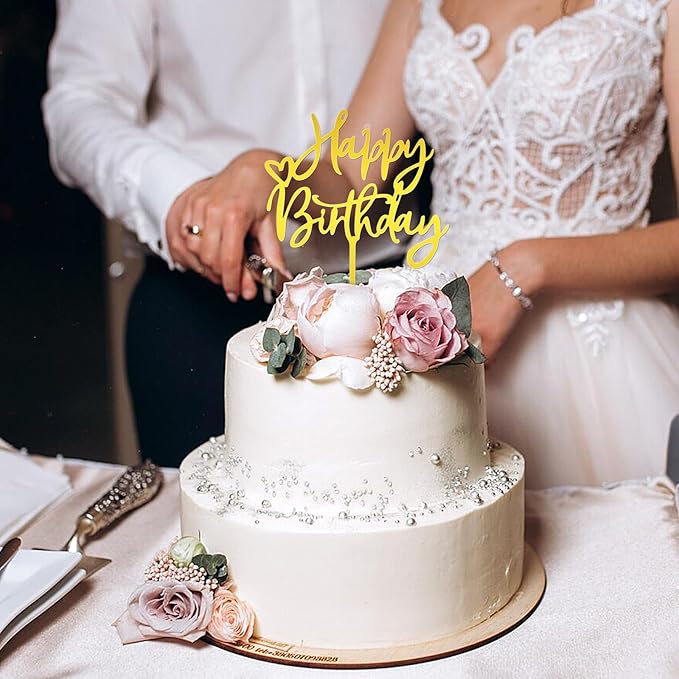6 Pcs Gold Cake Topper - Happy Birthday Sign & Letters for Cake Decorations - Personalized Golden Cupcake Toppers & Cake Inserts