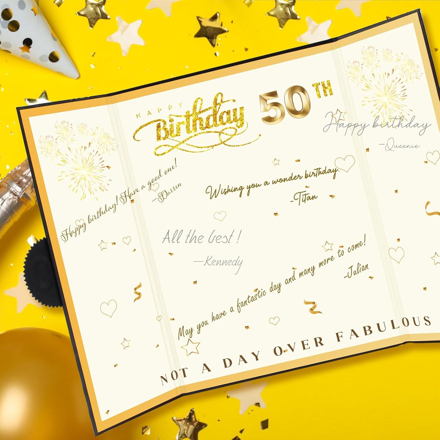 50th Birthday Guest Book Black Gold Party Decorations 16.73x11.8inch,50 Years Birthday Signature Poster Card Gift Giant Guest Sign in Book Fifty Birthday Party Keepsake -Table Centerpiece Decor