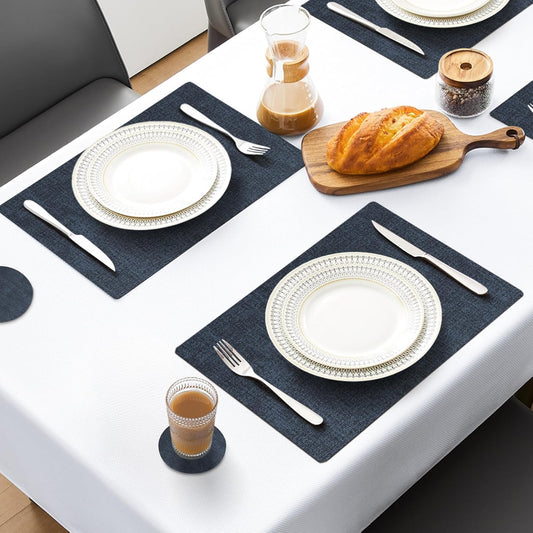 MOSAYT Faux Leather Placemats Set of 12, Heat Resistant Vinyl Place Mats with Coasters, Wipeable Washable 100% Waterproof Oil Proof Table Mats for Kitchen Dining Indoor Outdoor, 12" x 18", Navy Blue