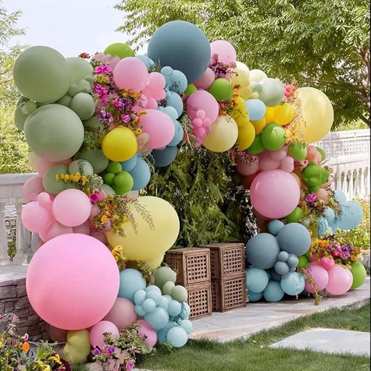 Colorful Balloon Arch Double Stuffed Latex Blue Yellow Green Pink Balloons Wildflower Balloon Garland for Spring Flower Birthday Baby Shower Easter Garden Candy Party Decoration