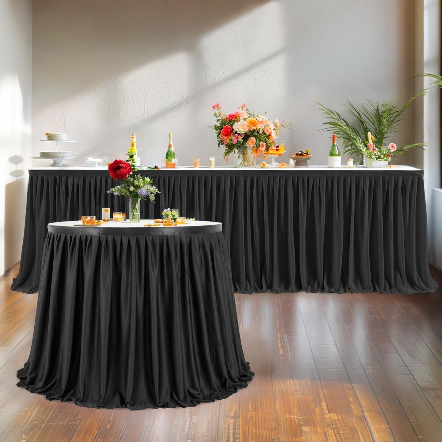 12ft Black Table Skirts for Rectangle Tables Polyester Table Skirt Desk Skirts Ruffle Tablecloth Skirt for Birthday Party Banquet Black Theme Party Wedding Bridal Shower Table Decorations