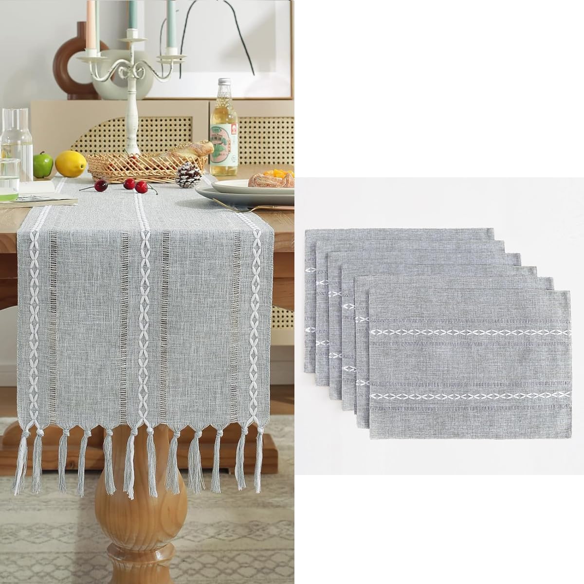 Wracra Cotton Linen Placemats, 14 x 19 Inch Set of 8 Placemats Rustic Hemstitch Place Mats for Kitchen Table and Heat Resistant-Hemstitch Grey