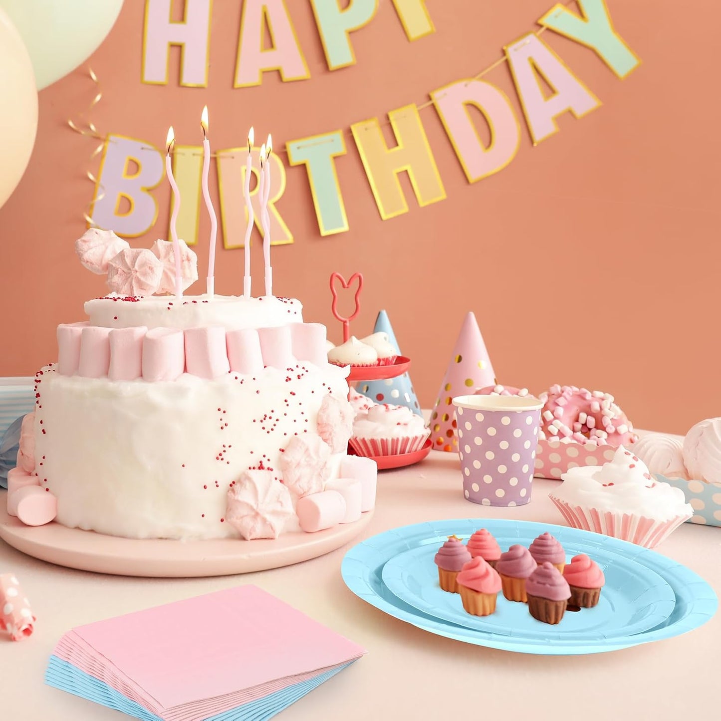 Ruisita 48 Pieces Baby Gender Reveal Party Supplies Light Pink and Light Blue Tableware Including 7 Inch and 9 Inch Paper Dinner Plates 2 Ply Napkins for Wedding, Birthday, Baby Shower (Serves 16)