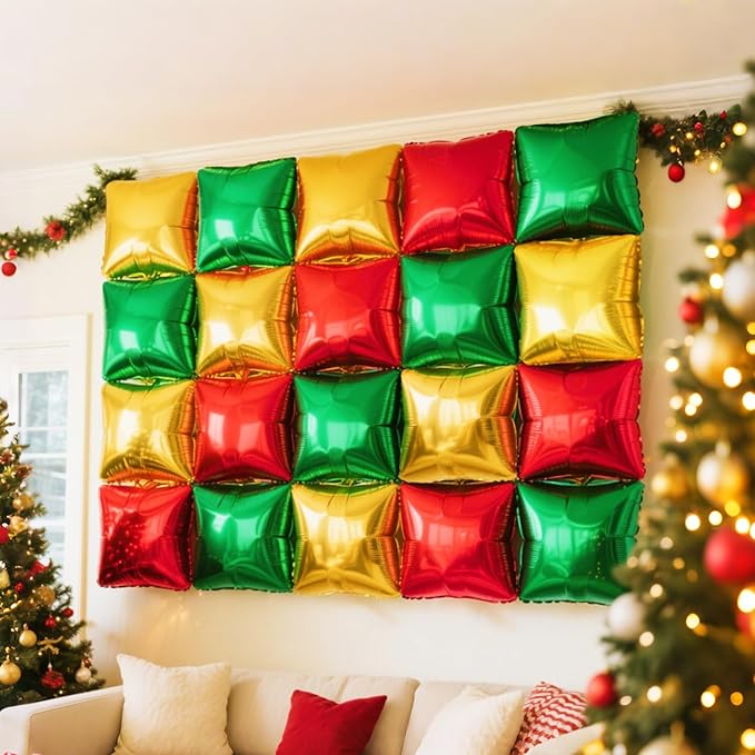 NISOCY 48PCS Red Green Gold Square Foil Balloons Wall Backdrop Double Sided Red Green Gold Balloons Arch Kit for Birthday Christmas New Year’s Graduation Anniversary Wedding Party Decorations