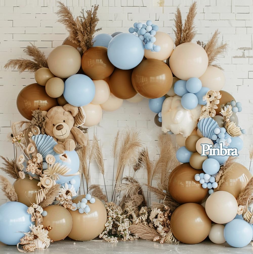 Brown And Blue Balloon Garland Double Stuffed Nude Tan Light Blue Beige Latex Balloon Arch Kit for Neutral Baby Shower Teddy Bear Gender Reveal Wedding Birthday Party Decorations