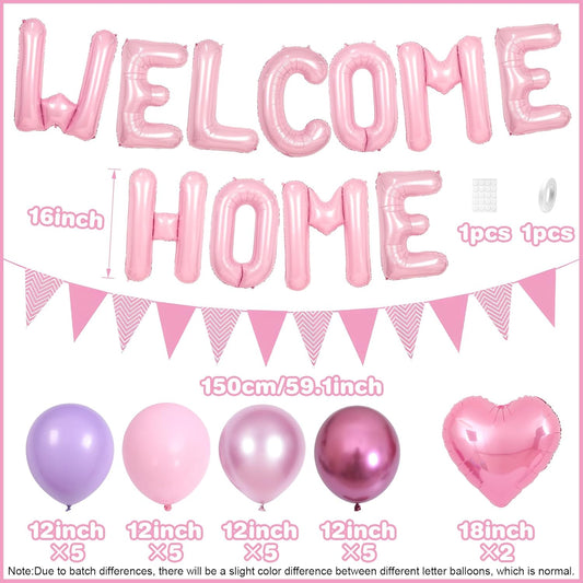 Welcome Home Decorations Pink,Welcome Home Foil Balloon Banner with Pink Heart Balloons Pennant Flag Bunting for Housewarming Baby Shower Welcome Home Baby Girl Party Supplies
