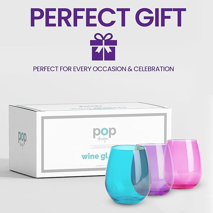 pop design Premium Unbreakable Stemless Wine Glasses – Set of 6 Durable BPA-Free Shatterproof Acrylic Glasses, 16oz Reusable Drinkware for Wine, Champagne, Cocktails, Home Bar & Outdoor Use
