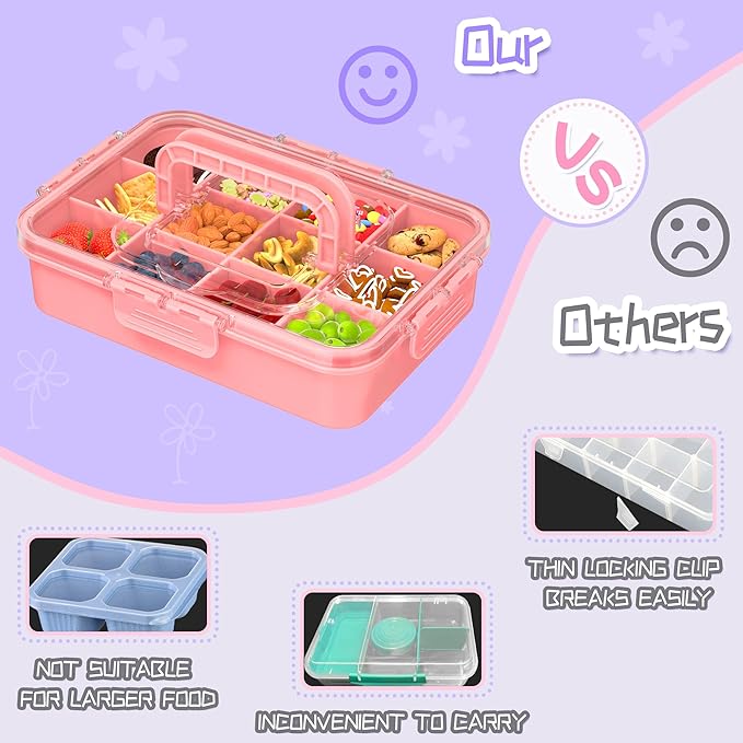 2 Pcs Snack Box Container for Kids - Adjustable 12-Compartment Snack Containers, Reusable Bento Box, Dishwasher Safe, BPA-Free, Perfect for School, Travel, Camping & Picnic, Pink & Green
