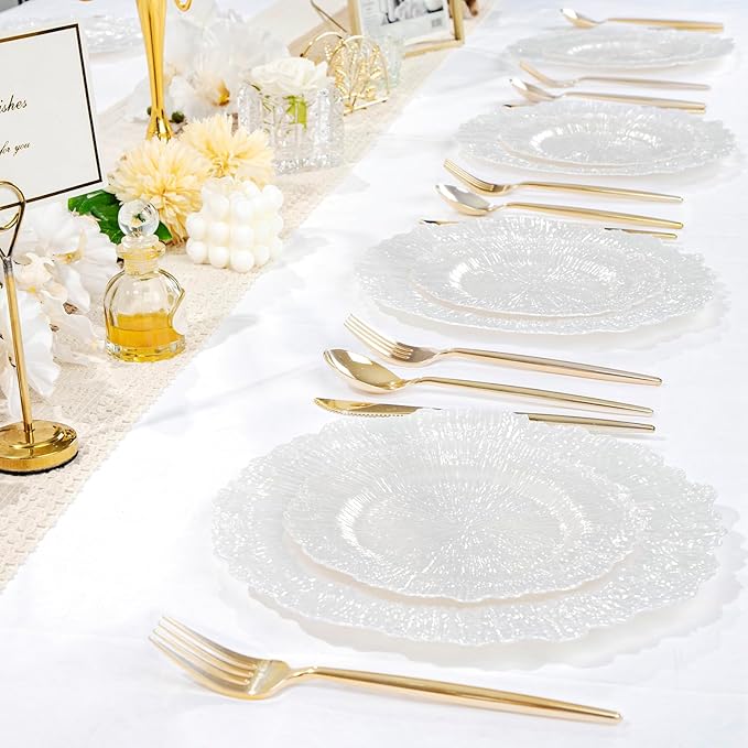 U-QE 60PCS White Plastic Plates - Pearl White Plates Disposable&Reusable - Heavy Duty Plastic Plates for Party&Wedding Including 30 Dinner Plates 10" & 30 Appetizer Plates 7"