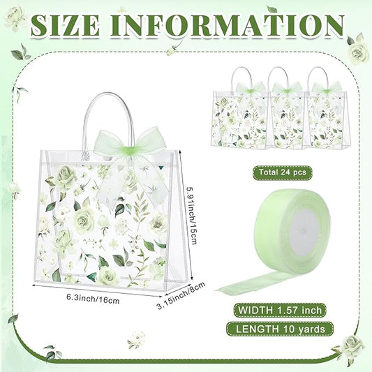 Wesnoy 24 Pcs Clear Floral Gift Bags with Handles Rose Green Flower PVC Treat Tote Bag for Tea Birthday Party Wedding Bridal Shower Bachelorette Anniversary Engagement Guests, 7.8 x 7.8 x 3.2 Inch