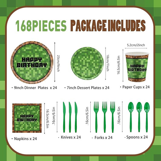 168Pcs Pixel Birthday Decorations, Includes Plates Napkins Cups Knives Forks Spoons, Pixel Party Decorations, Serve 24