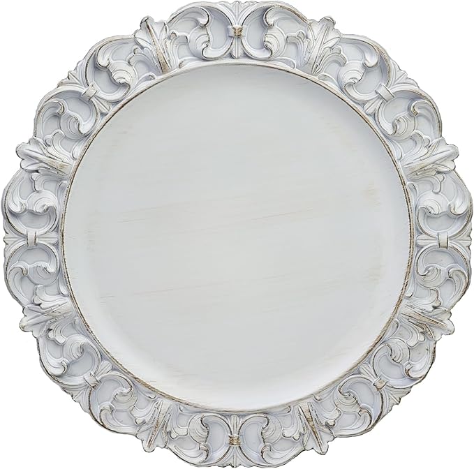 13" Antique White Charger Plates, Set of 6 Plastic Textured Chargers for Dinner Plates with Embossed Rim, Table Décor, Party, Wedding, Holiday