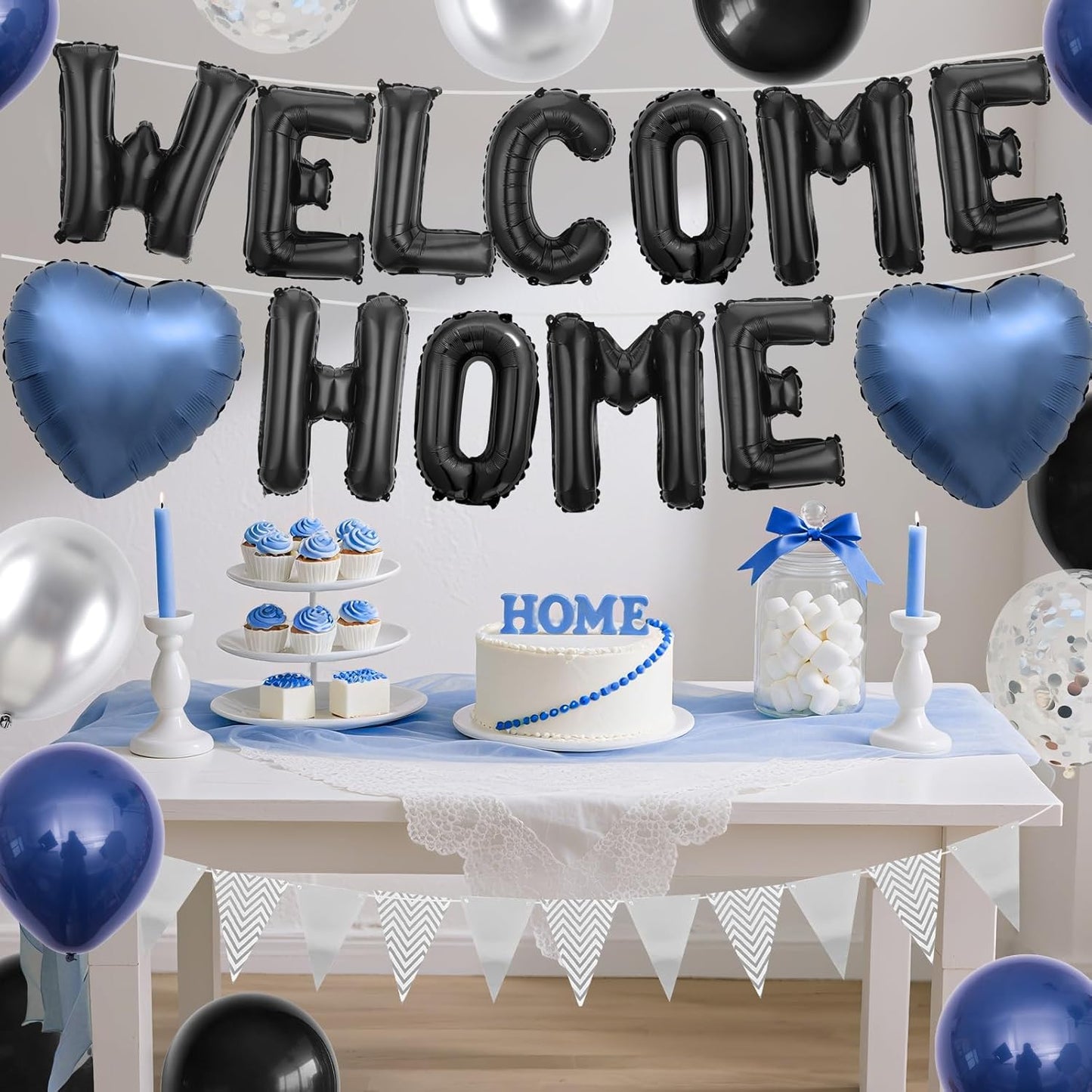 Welcome Home Decorations Black Blue Silver,Black Welcome Home Foil Balloon Banner with Navy Blue Heart Balloons Pennant Flag Bunting for Housewarming Baby Shower Family Party Supplies