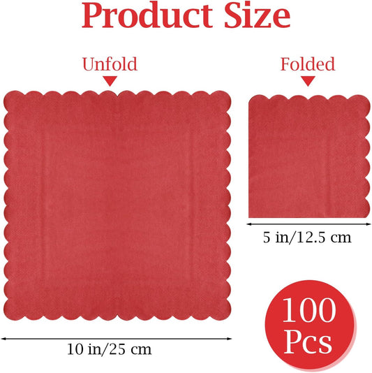 100 Pcs Cocktail Napkins, 2-Ply 5 x 5 Inches Disposable Scalloped Napkins, Thick Premium Dessert Napkins for Party, Wedding, Dinner, Birthday, Anniversary, Festival (Red)